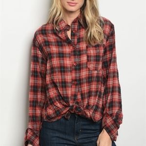 Long sleeve button down tie front plaid shirt